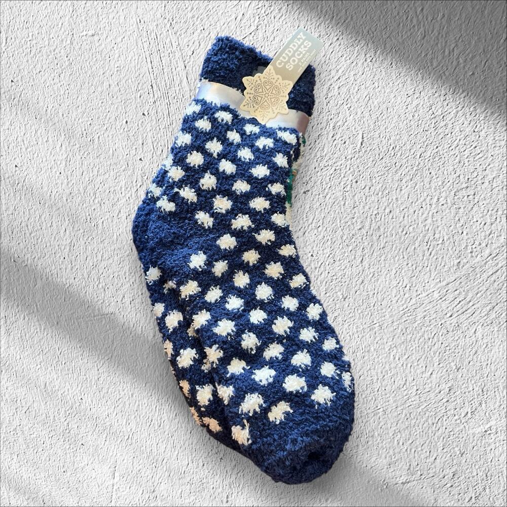 2 Pairs Women’s Cozy Cuddly Slipper Socks Blue Polkadot Owl Designs Soft NWT